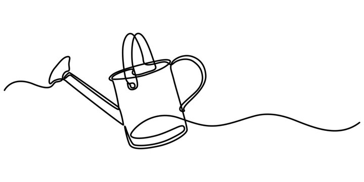Watering can, drawn with continuous line in minimalism, abstract, concept of garden, watering plants, gardening tools, water vessel, one line, editable vector contour.                                 