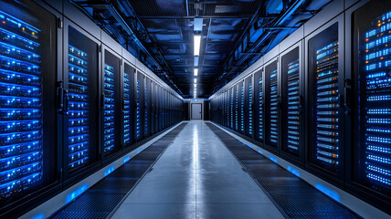 Dark colorful servers center room with computers and storage systems. Generative ai