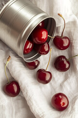 Ripe red cherries spilling from a metal tin
