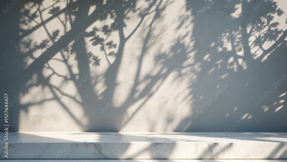 Poster white marble table corner featuring tree shadow and bokeh effects on concrete wall background for pr