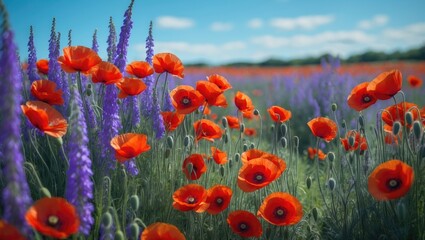 Obraz premium Colorful wildflowers and blooming poppies in a scenic countryside
