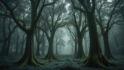 Enchanted black and white tropical rainforest with mysterious trees