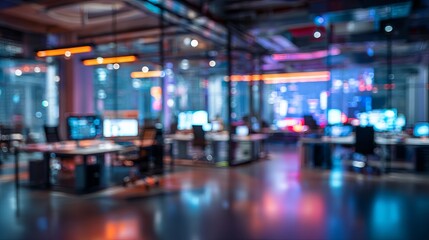 Abstract Blurred Office Space Modern Interior Design Nighttime Blue Purple Neon Lights Bokeh Background Technology Workplace Digital Studio Creative Business Innovation Atmosphere 