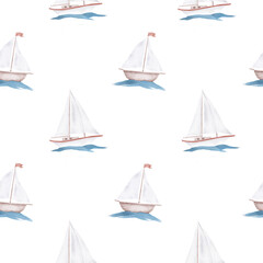 A boat with white sails and a flag on the waves. Seamless pattern. Watercolor illustration. A sailing yacht with a red stripe on board, isolated on a white background. For marine-style decor