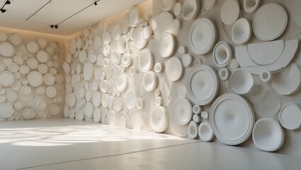 Subtle monochrome abstract design on a light white textured wall with grey plaster or concrete ceiling, showcasing a random pattern of concentric circles.