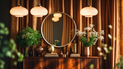 Decorative dressing table in a modern home interior featuring circular mirror and houseplants