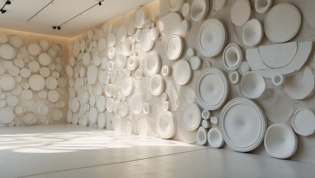 Subtle monochrome abstract design on a light white textured wall with grey plaster or concrete ceiling, showcasing a random pattern of concentric circles.