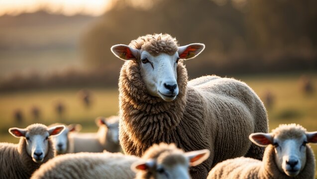 Close-up of domestic sheep in a herd on the pasture in Czech countryside
