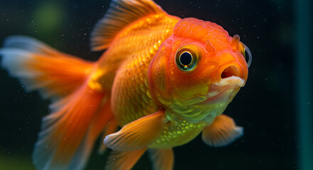 A cute goldfish with round eyes and vibrant orange fins swims gracefully in an aquarium. Its chubby cheeks and curious face make it an adorable pet.

