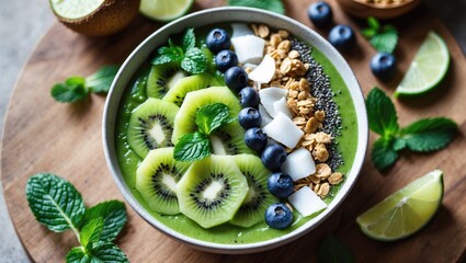 Vegan matcha green tea breakfast bowl with superfood toppings including chia, flax, pumpkin seeds, bee pollen, granola, coconut flakes, kiwi, and blueberries, served in a rustic wooden setting.