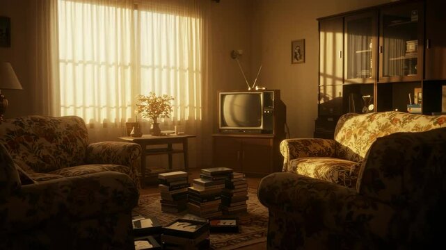 Vintage Living Room Scene with Retro Television and Cozy Armchairs Filled with Nostalgia