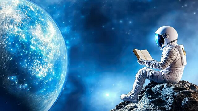 Spacesuited astronaut sitting on rocky terrain reading a book while gazing at Earth, in a surreal outer space scene representing curiosity and solitude