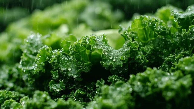 Macro shot of fresh green kale leaves covered with water droplets during rainfall, natural texture and hydration. Captures the lush beauty of leafy vegetables in the rainy season environment