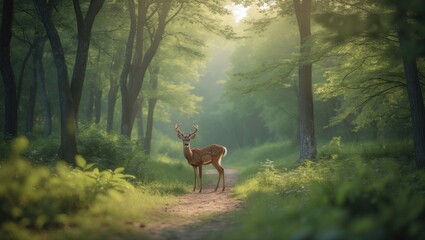 Deer basking in sunlight amid forest