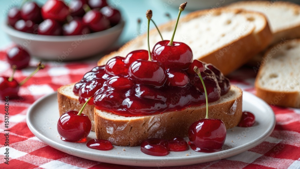 Poster scrumptious toast topped with cherry jam on a table