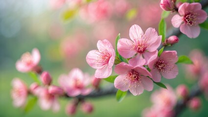 Fototapeta premium Beautiful peach flowers in full blossom with pink petals and lush green foliage, capturing the essence of springtime nature's renewal and floral artistry.