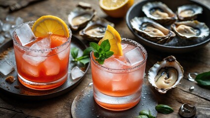 Elegant dinner with oysters, fish, and martinis during happy hour