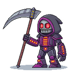 A pixel art grim reaper robot wielding a glowing, pixelated scythe; dark, ominous background.