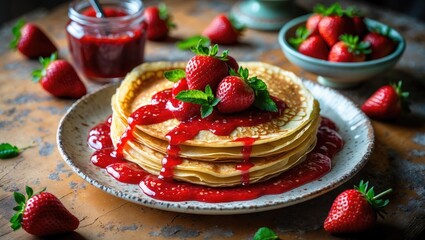 Delicious thin pancakes with fresh strawberries and jam arranged on a white wooden surface, flat lay.