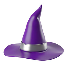 A purple witch hat with a silver band isolated in a  render isolated on transparent background