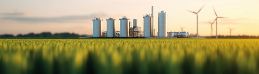 Industrial plant and wind turbines rise above a green field, symbolizing the blend of agriculture, industry, and renewable energy.