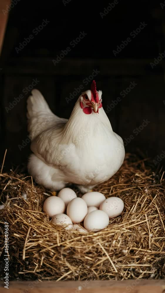 Poster protective white hen nesting securely over fresh eggs, embodying nurturing instincts within rustic w
