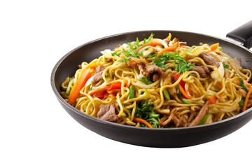 Yakisoba noodles japanese food traditional on black pan, isolated on transparent background.