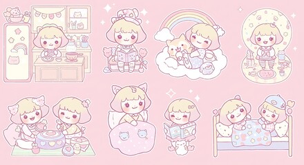 Adorable Kawaii Characters in Various Activities with Pastel Pink Background
