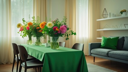 Stylish living space showcasing a round dining table covered with a lilac tablecloth, complemented by a comfortable sofa and decorative pots