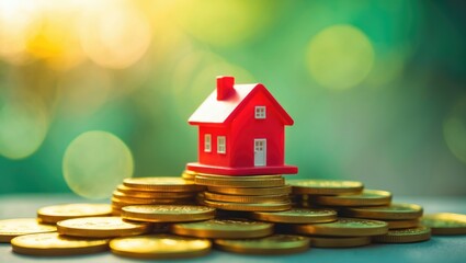 Home model featuring a gold coin with increasing interest value in a public park, saving money to buy a house or secure a loan for real estate investment planning.