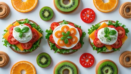 Healthy breakfast idea with cheese, fruits, and fried egg on white background. Flat lay, top view.