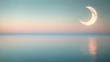 Gentle pastel abstract seaside scene with crescent moon backdrop