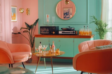 Mid-century modern cocktail party with sleek furniture, pastel color tones, vintage glassware, and classy background music on an old record player