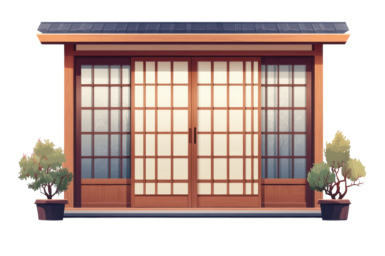 Authentic Japanese Tea House Illustration Wooden Sliding Doors with Garden on transparent background