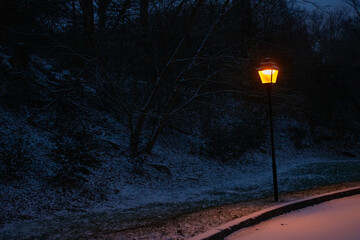 snow covered street lamp at night