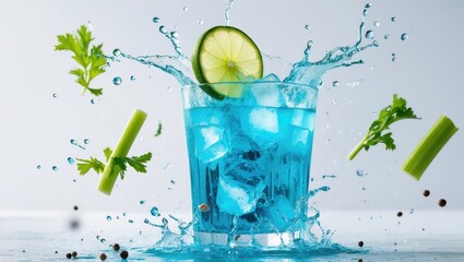 Caesar drink with splash effect on white backdrop