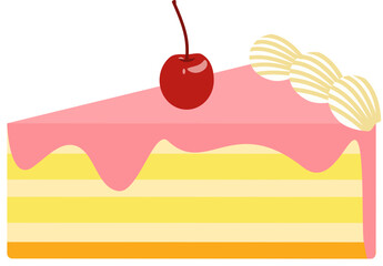 Pink Frosted Cake Slice with Cherry and Cream