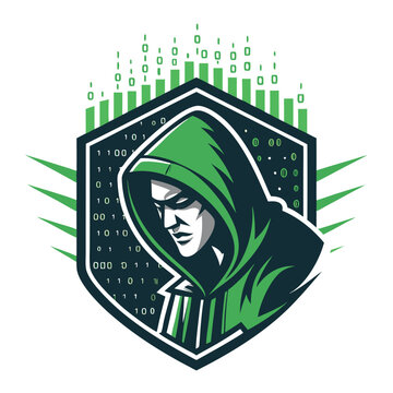 Design a captivating hacker logo featuring flickering binary code, dynamic stats, and a futuristic aesthetic.  Include vibrant, contrasting colors.