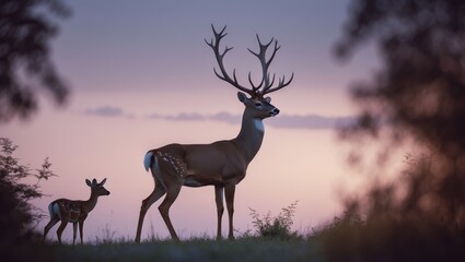 Obraz premium Deer and Mule Buck Silhouette with Raised Leg and Doe in Background during Hunting Season