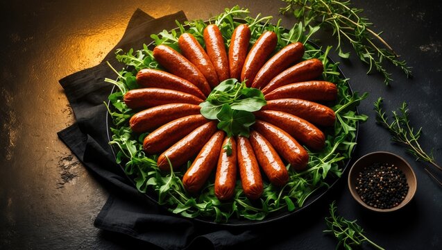 Traditional Polish Dry Smoked Kabanos or Cabanossi Thin Sausages on a Steel Tray with Dark Background