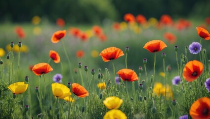 Fototapeta premium Bright red poppies flourishing in a natural landscape with green foliage, yellow wildflowers, and warm sunlight