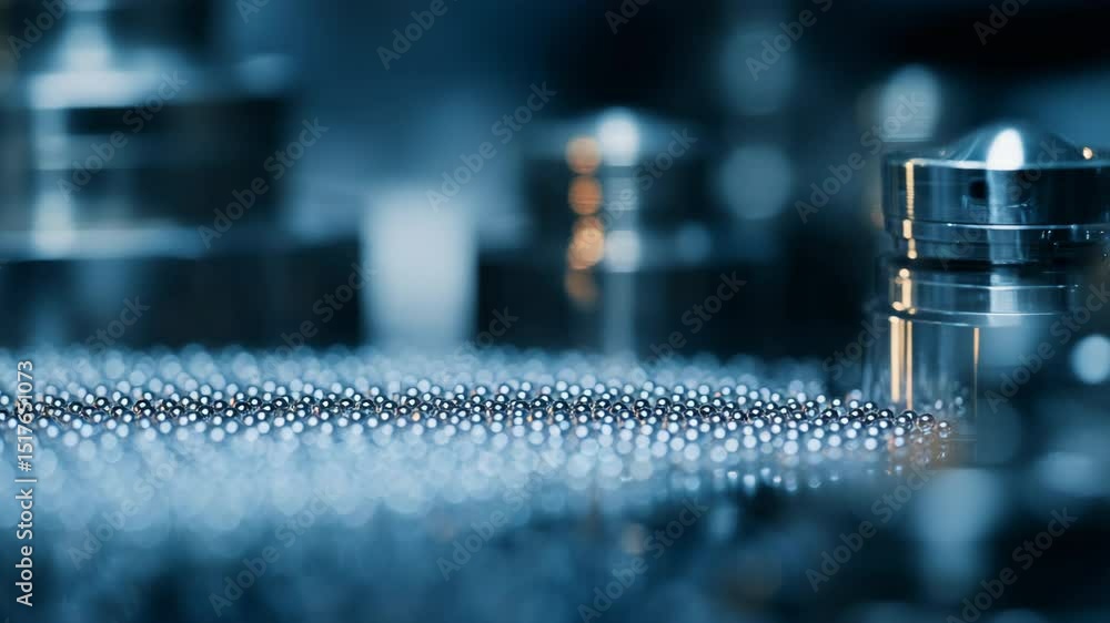 Poster small, shiny, metallic spheres move subtly on a surface, surrounded by precision engineered componen
