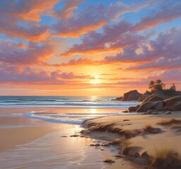 Obraz premium Illustration of tropical sunrise landscape with wild sandy beach.