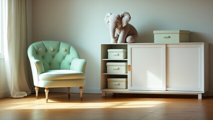Stylish children's room featuring a bright cupboard and mint chair in a minimalistic interior