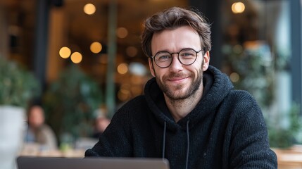 Smiling Man Wearing Glasses Casual Modern Portrait Happy Relaxed Person Male Model Attractive Young Adult Professional Businessman Cafe Coffee Shop Background work blog style image