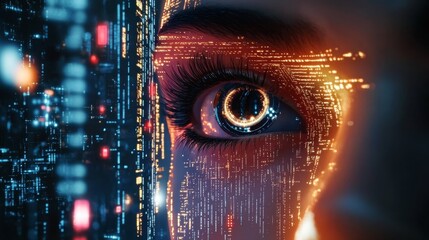 Close Up of a Woman s Eye Blended with Matrix Code Creating Intriguing Symbolism of Technology