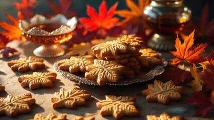 Classic Canadian maple leaf-shaped cookies, maple sugar candies, and maple syrup on a white background with copy space.