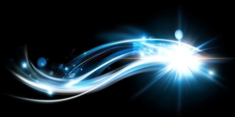 Dynamic blue light streaks and glowing flashes against a black backdrop