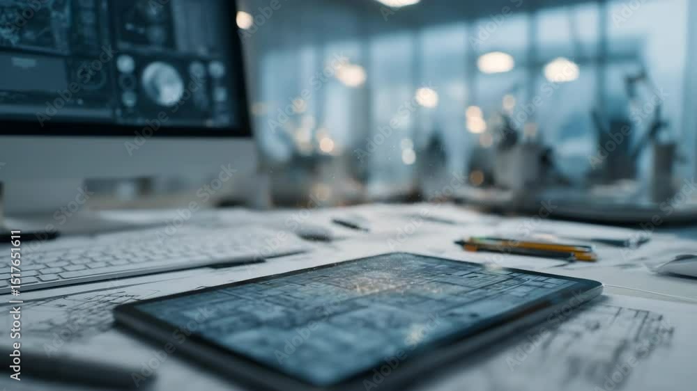 Poster futuristic building plans are projected on a digital tablet, showcasing innovative design and techno