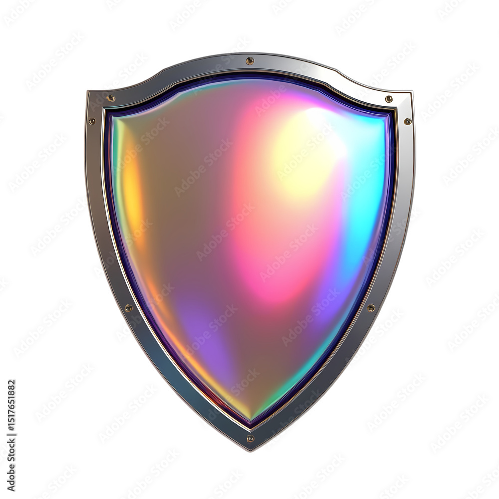 Poster iridescent shield with a metallic frame isolated in a isolated on transparent background
